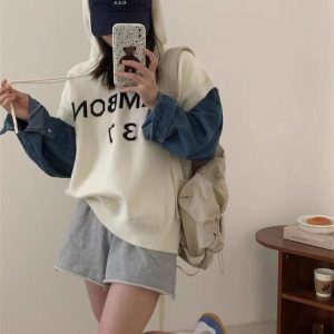 Denim sleeve jacquard splice sweater loose knitted hoodie