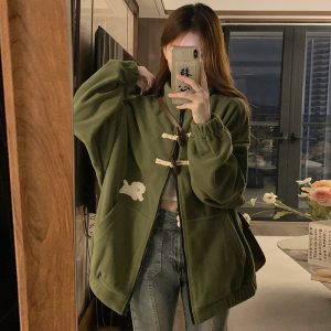 Cstand collar embroidery coat fleece horn buckle hoodie
