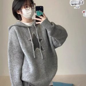 Gray loose thick coat winter hooded sweater for women