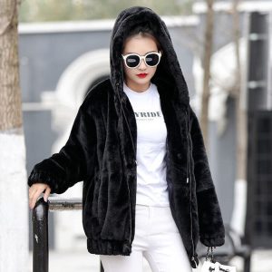Hairy loose lambs wool coat thermal thick hoodie for women
