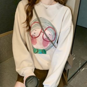 Retro round neck loose hoodie lazy autumn tops