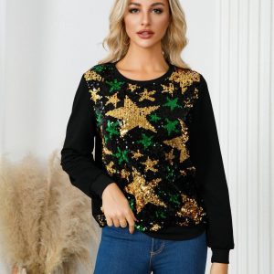 Star party hoodie sequins pattern tops for women