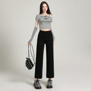 Denim straight pants navy-blue all-match pants