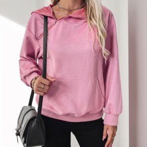 Pure pocket zip European style hoodie for women