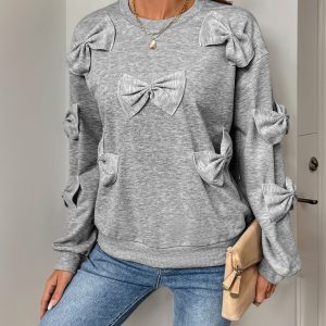 European style splice round neck bow gray hoodie