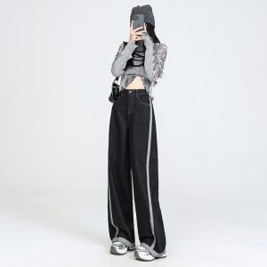 Mopping mixed colors splice pants wide leg autumn jeans
