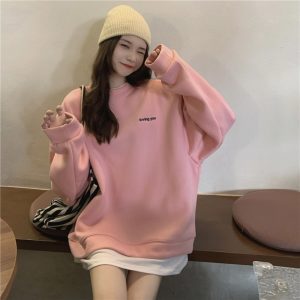 Embroidery letters tops splice Pseudo-two hoodie for women