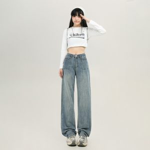 Mopping light-blue jeans wide leg drape pants for women