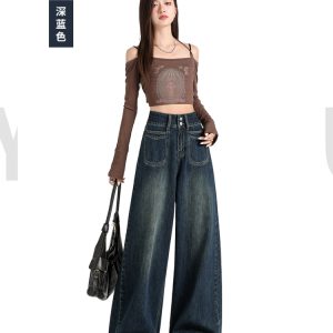 High waist double buckle wide leg wide leg pants for women