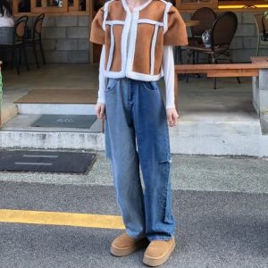 High waist holes mixed colors gradient jeans