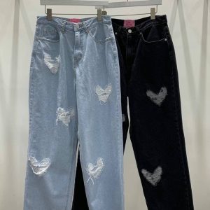 Heart wide leg denim worn pattern satin long pants
