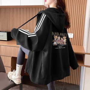 Loose spring and autumn coat hooded hoodie for women