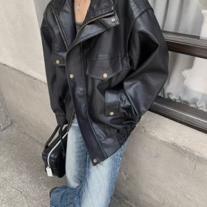 Locomotive loose leather coat spring jacket for women