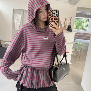Hooded stripe tops loose mixed colors hoodie