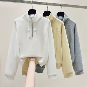 Pullover half zip hoodie lapel lazy tops