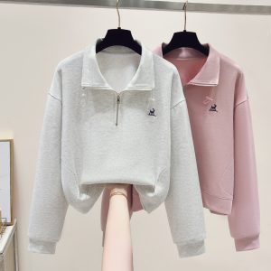 College style spring loose tops student lapel hoodie for women