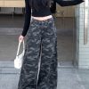 Wide leg camouflage high waist mopping pocket jeans for women