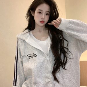 Zip Korean style hoodie couples stripe couple clothes