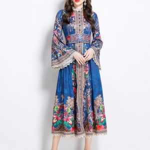 Long spring and summer national style cstand collar dress