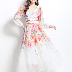 Long flowers painting spring and summer splice dress