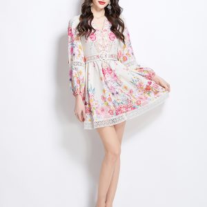 Short lace splice painted vacation painting dress