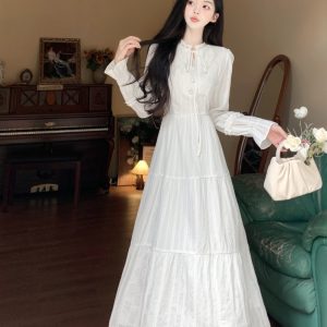 Refreshing long sleeve jacquard temperament white dress