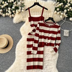 Round neck cardigan Korean style dress 2pcs set