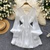 V-neck halter T-back lantern sleeve dress for women