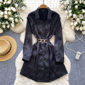 Satin long sleeve niche cardigan pinched waist slim dress