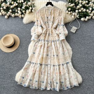Printing slim long dress pinched waist dress for women