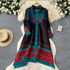 Nine points sleeve lapel printing long loose dress