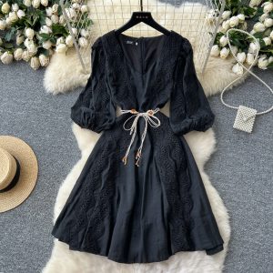 Retro lantern sleeve long dress splice dress for women