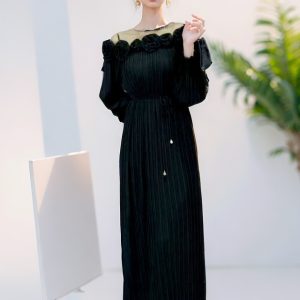 Pleated gauze dress rose stereoscopic long dress