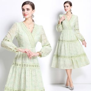 Embroidery long dress lantern sleeve formal dress