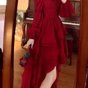 Temperament retro irregular pinched waist slim travel dress