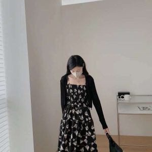 Temperament slim dress black retro long dress 2pcs set