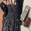 Floral black cardigan ice silk strap dress 2pcs set