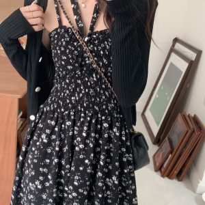 Floral black cardigan ice silk strap dress 2pcs set
