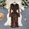 Leopard slim package hip niche split spicegirl dress