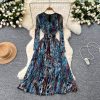 Drape bandage printing long dress pinched waist V-neck dress