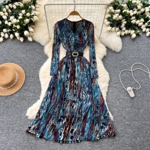 Drape bandage printing long dress pinched waist V-neck dress