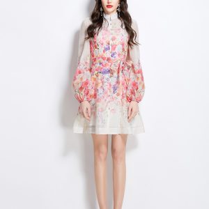 Short vacation flowers printing spring and summer dress