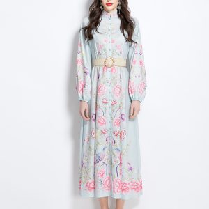 Cstand collar printing retro lantern sleeve dress
