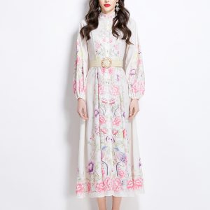 Cstand collar lantern sleeve printing national style dress