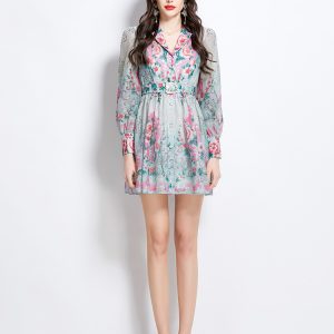 Court style printing spring dress short retro shirt