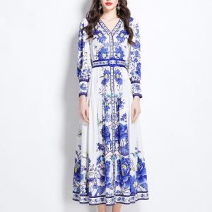 Retro national style printing spring and summer dress