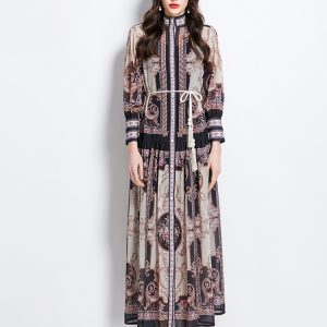 Classical spring long dress printing court style corset