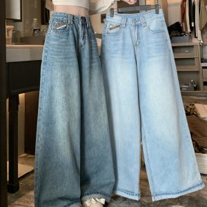 Straight pants jeans blue long pants for women