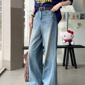 Straight wide leg long pants retro jeans for women