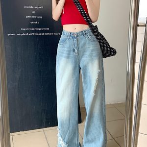 Light-blue long pants American style jeans for women